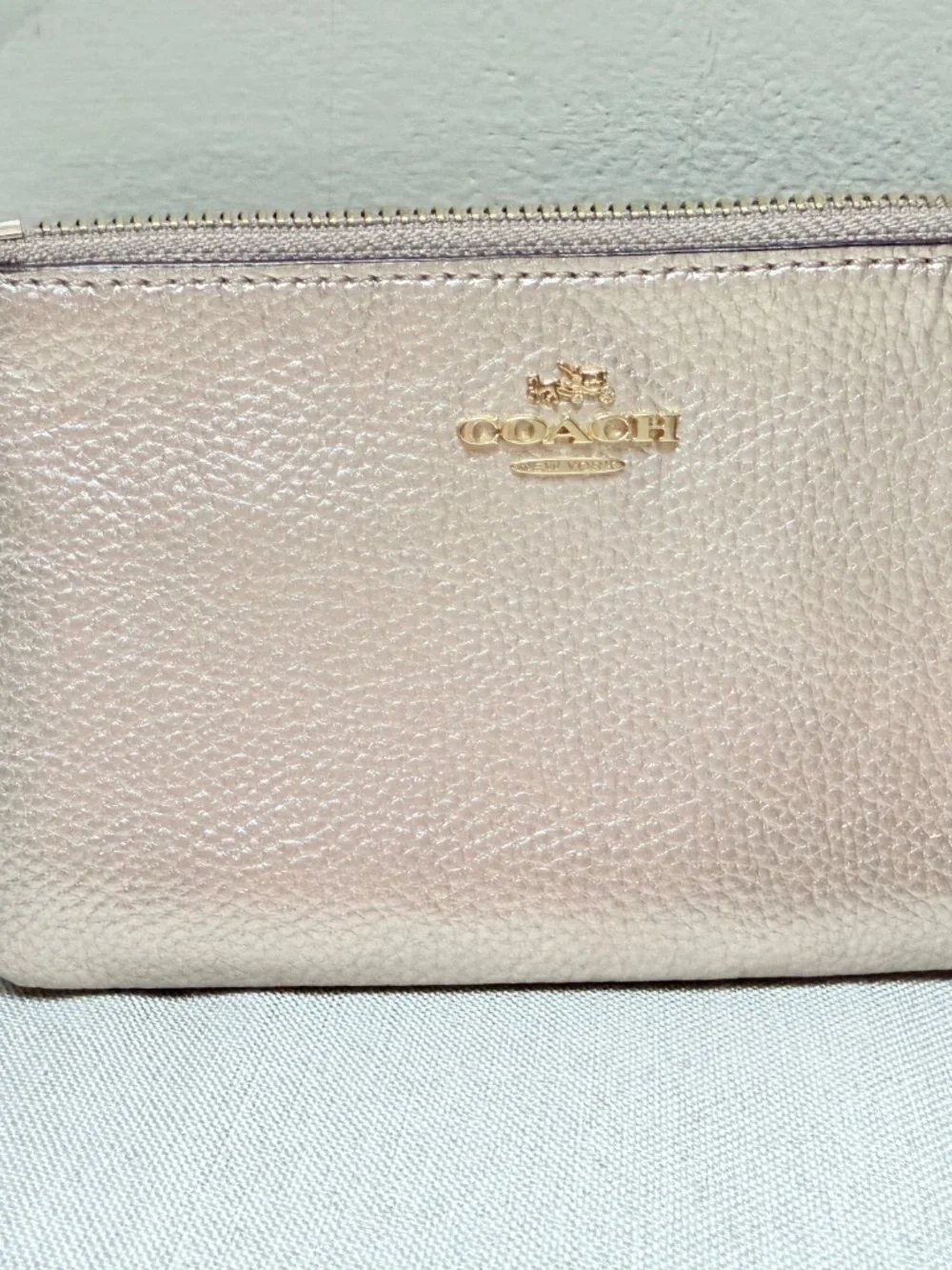 Coach Double Zip Wristlet Metallic Rose Gold